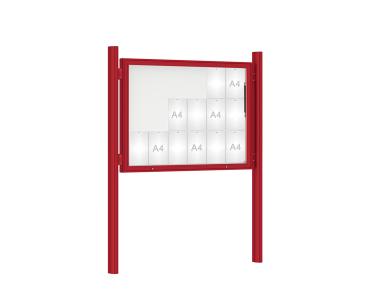 Schaukasten 1000 mit Quatro-Pfosten Farbe:RAL 3004|Abmessungen:18 A4 - B 1350 x H 1000 mm - Klapptür|Pfosten:Pfosten-Set zum Einbetonieren - Ohne Titelleiste