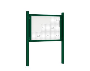 Schaukasten 1000 mit Quatro-Pfosten Farbe:RAL 6005|Abmessungen:18 A4 - B 1350 x H 1000 mm - Klapptür|Pfosten:Pfosten-Set zum Einbetonieren - Ohne Titelleiste