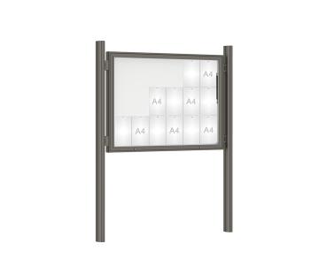 Schaukasten 1000 mit Quatro-Pfosten Farbe:Procity grau|Abmessungen:18 A4 - B 1350 x H 1000 mm - Klapptür|Pfosten:Pfosten-Set zum Einbetonieren - Ohne Titelleiste