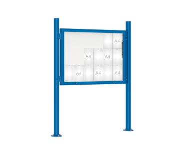 Schaukasten 1000 mit Quatro-Pfosten Farbe:RAL 5010|Abmessungen:18 A4 - B 1350 x H 1000 mm - Klapptür|Pfosten:Pfosten-Set auf Bodenplatten - Ohne Titelleiste