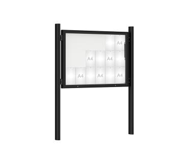 Schaukasten 1000 mit Quatro-Pfosten Farbe:RAL 9005|Abmessungen:18 A4 - B 1350 x H 1000 mm - Klapptür|Pfosten:Mittelpfosten zum Einbetonieren - Ohne Titelleiste