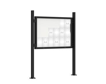 Schaukasten 1000 mit Quatro-Pfosten Farbe:RAL 9005|Abmessungen:18 A4 - B 1350 x H 1000 mm - Klapptür|Pfosten:Mittelpfosten auf Bodenplatte - Ohne Titelleiste