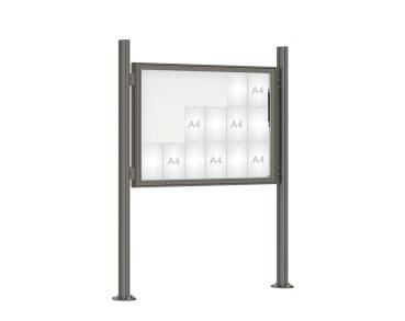 Schaukasten 1000 mit Quatro-Pfosten Farbe:Procity grau|Abmessungen:18 A4 - B 1350 x H 1000 mm - Klapptür|Pfosten:Mittelpfosten auf Bodenplatte - Ohne Titelleiste