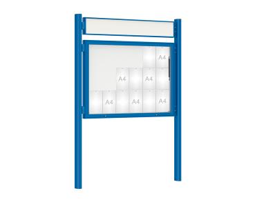 Schaukasten 1000 mit Quatro-Pfosten Farbe:RAL 5010|Abmessungen:18 A4 - B 1350 x H 1000 mm - Klapptür|Pfosten:Pfosten-Set zum Einbetonieren - Mit Titelleiste