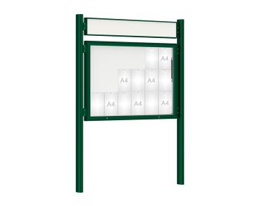 Schaukasten 1000 mit Quatro-Pfosten Farbe:RAL 6005|Abmessungen:18 A4 - B 1350 x H 1000 mm - Klapptür|Pfosten:Pfosten-Set zum Einbetonieren - Mit Titelleiste