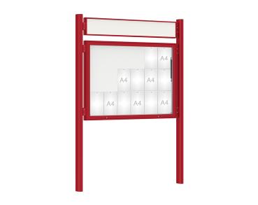 Schaukasten 1000 mit Quatro-Pfosten Farbe:RAL 3004|Abmessungen:18 A4 - B 1350 x H 1000 mm - Klapptür|Pfosten:Mittelpfosten zum Einbetonieren - Mit Titelleiste