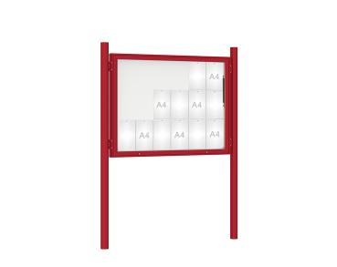 Schaukasten 1000 mit Pfosten Ø 76 mm Farbe:RAL 3004|Abmessungen:18 A4 - B 1350 x H 1000 mm - Klapptür|Pfosten:Pfosten-Set zum Einbetonieren - Ohne Titelleiste