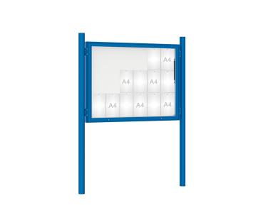 Schaukasten 1000 mit Pfosten Ø 76 mm Farbe:RAL 5010|Abmessungen:18 A4 - B 1350 x H 1000 mm - Klapptür|Pfosten:Pfosten-Set zum Einbetonieren - Ohne Titelleiste