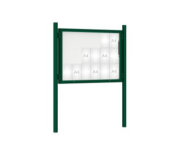 Schaukasten 1000 mit Pfosten Ø 76 mm Farbe:RAL 6005|Abmessungen:18 A4 - B 1350 x H 1000 mm - Klapptür|Pfosten:Pfosten-Set zum Einbetonieren - Ohne Titelleiste
