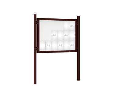 Schaukasten 1000 mit Pfosten Ø 76 mm Farbe:RAL 8017|Abmessungen:18 A4 - B 1350 x H 1000 mm - Klapptür|Pfosten:Pfosten-Set zum Einbetonieren - Ohne Titelleiste