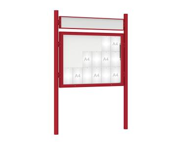 Schaukasten 1000 mit Pfosten Ø 76 mm Farbe:RAL 3004|Abmessungen:18 A4 - B 1350 x H 1000 mm - Klapptür|Pfosten:Pfosten-Set zum Einbetonieren - Mit Titelleiste