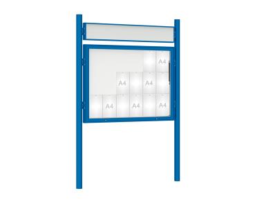 Schaukasten 1000 mit Pfosten Ø 76 mm Farbe:RAL 5010|Abmessungen:18 A4 - B 1350 x H 1000 mm - Klapptür|Pfosten:Pfosten-Set zum Einbetonieren - Mit Titelleiste