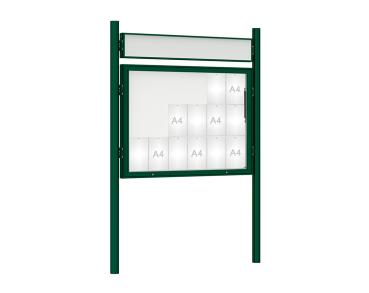 Schaukasten 1000 mit Pfosten Ø 76 mm Farbe:RAL 6005|Abmessungen:18 A4 - B 1350 x H 1000 mm - Klapptür|Pfosten:Pfosten-Set zum Einbetonieren - Mit Titelleiste