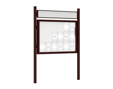 Schaukasten 1000 mit Pfosten Ø 76 mm Farbe:RAL 8017|Abmessungen:18 A4 - B 1350 x H 1000 mm - Klapptür|Pfosten:Pfosten-Set zum Einbetonieren - Mit Titelleiste