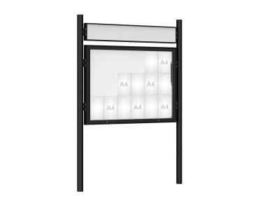 Schaukasten 1000 mit Pfosten Ø 76 mm Farbe:RAL 9005|Abmessungen:18 A4 - B 1350 x H 1000 mm - Klapptür|Pfosten:Pfosten-Set zum Einbetonieren - Mit Titelleiste