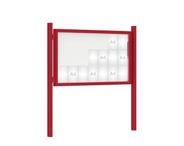 Schaukasten 1000 mit Quatro-Pfosten Farbe:RAL 3004|Abmessungen:21 A4 - B 1600 x H 1000 mm - Klapptür|Pfosten:Pfosten-Set zum Einbetonieren - Ohne Titelleiste