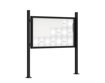 Schaukasten 1000 mit Quatro-Pfosten Farbe:RAL 9005|Abmessungen:21 A4 - B 1600 x H 1000 mm - Klapptür|Pfosten:Pfosten-Set auf Bodenplatten - Ohne Titelleiste