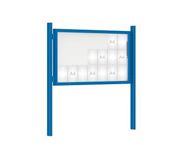 Schaukasten 1000 mit Quatro-Pfosten Farbe:RAL 5010|Abmessungen:21 A4 - B 1600 x H 1000 mm - Klapptür|Pfosten:Mittelpfosten zum Einbetonieren - Ohne Titelleiste