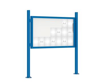 Schaukasten 1000 mit Quatro-Pfosten Farbe:RAL 5010|Abmessungen:21 A4 - B 1600 x H 1000 mm - Klapptür|Pfosten:Mittelpfosten auf Bodenplatte - Ohne Titelleiste