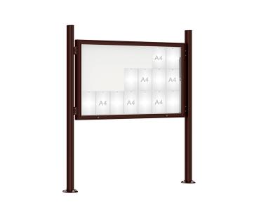 Schaukasten 1000 mit Quatro-Pfosten Farbe:RAL 8017|Abmessungen:21 A4 - B 1600 x H 1000 mm - Klapptür|Pfosten:Mittelpfosten auf Bodenplatte - Ohne Titelleiste