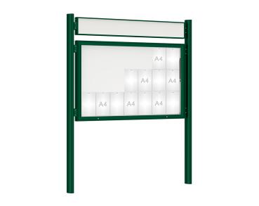 Schaukasten 1000 mit Quatro-Pfosten Farbe:RAL 6005|Abmessungen:21 A4 - B 1600 x H 1000 mm - Klapptür|Pfosten:Pfosten-Set zum Einbetonieren - Mit Titelleiste