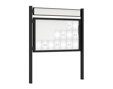 Schaukasten 1000 mit Quatro-Pfosten Farbe:RAL 9005|Abmessungen:21 A4 - B 1600 x H 1000 mm - Klapptür|Pfosten:Mittelpfosten zum Einbetonieren - Mit Titelleiste