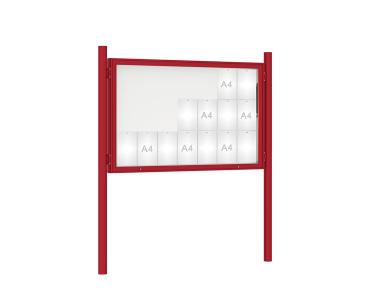 Schaukasten 1000 mit Pfosten Ø 76 mm Farbe:RAL 3004|Abmessungen:21 A4 - B 1600 x H 1000 mm - Klapptür|Pfosten:Pfosten-Set zum Einbetonieren - Ohne Titelleiste