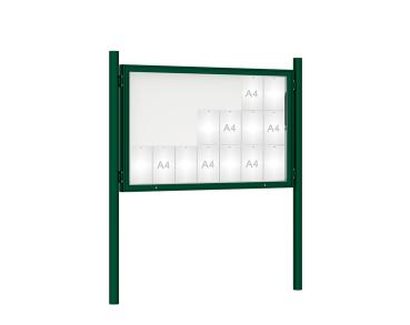 Schaukasten 1000 mit Pfosten Ø 76 mm Farbe:RAL 6005|Abmessungen:21 A4 - B 1600 x H 1000 mm - Klapptür|Pfosten:Pfosten-Set zum Einbetonieren - Ohne Titelleiste