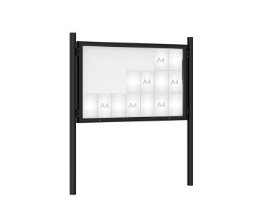 Schaukasten 1000 mit Pfosten Ø 76 mm Farbe:RAL 9005|Abmessungen:21 A4 - B 1600 x H 1000 mm - Klapptür|Pfosten:Pfosten-Set zum Einbetonieren - Ohne Titelleiste
