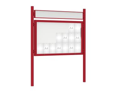 Schaukasten 1000 mit Pfosten Ø 76 mm Farbe:RAL 3004|Abmessungen:21 A4 - B 1600 x H 1000 mm - Klapptür|Pfosten:Pfosten-Set zum Einbetonieren - Mit Titelleiste