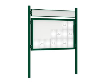 Schaukasten 1000 mit Pfosten Ø 76 mm Farbe:RAL 6005|Abmessungen:21 A4 - B 1600 x H 1000 mm - Klapptür|Pfosten:Pfosten-Set zum Einbetonieren - Mit Titelleiste