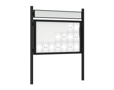 Schaukasten 1000 mit Pfosten Ø 76 mm Farbe:RAL 9005|Abmessungen:21 A4 - B 1600 x H 1000 mm - Klapptür|Pfosten:Pfosten-Set zum Einbetonieren - Mit Titelleiste