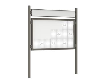 Schaukasten 1000 mit Pfosten Ø 76 mm Farbe:Procity grau|Abmessungen:21 A4 - B 1600 x H 1000 mm - Klapptür|Pfosten:Pfosten-Set zum Einbetonieren - Mit Titelleiste