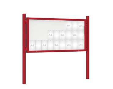 Schaukasten 1000 mit Quatro-Pfosten Farbe:RAL 3004|Abmessungen:27 A4 - B 2010 x H 1000 mm - Klapptür|Pfosten:Pfosten-Set zum Einbetonieren - Ohne Titelleiste