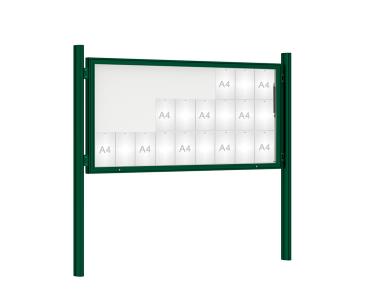 Schaukasten 1000 mit Quatro-Pfosten Farbe:RAL 6005|Abmessungen:27 A4 - B 2010 x H 1000 mm - Klapptür|Pfosten:Pfosten-Set zum Einbetonieren - Ohne Titelleiste