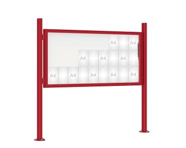 Schaukasten 1000 mit Quatro-Pfosten Farbe:RAL 3004|Abmessungen:27 A4 - B 2010 x H 1000 mm - Klapptür|Pfosten:Mittelpfosten auf Bodenplatte - Ohne Titelleiste