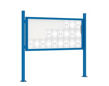 Schaukasten 1000 mit Quatro-Pfosten Farbe:RAL 5010|Abmessungen:27 A4 - B 2010 x H 1000 mm - Klapptür|Pfosten:Mittelpfosten auf Bodenplatte - Ohne Titelleiste