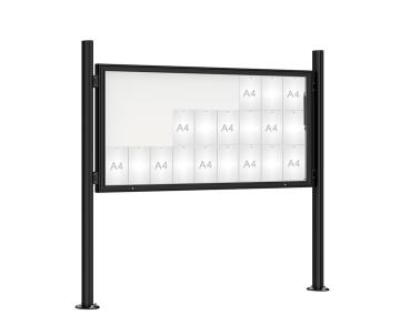 Schaukasten 1000 mit Quatro-Pfosten Farbe:RAL 9005|Abmessungen:27 A4 - B 2010 x H 1000 mm - Klapptür|Pfosten:Mittelpfosten auf Bodenplatte - Ohne Titelleiste