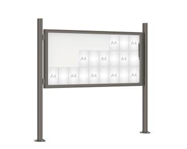 Schaukasten 1000 mit Quatro-Pfosten Farbe:Procity grau|Abmessungen:27 A4 - B 2010 x H 1000 mm - Klapptür|Pfosten:Mittelpfosten auf Bodenplatte - Ohne Titelleiste