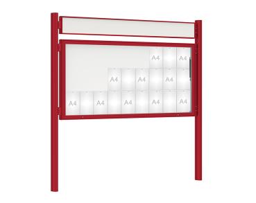 Schaukasten 1000 mit Quatro-Pfosten Farbe:RAL 3004|Abmessungen:27 A4 - B 2010 x H 1000 mm - Klapptür|Pfosten:Mittelpfosten zum Einbetonieren - Mit Titelleiste