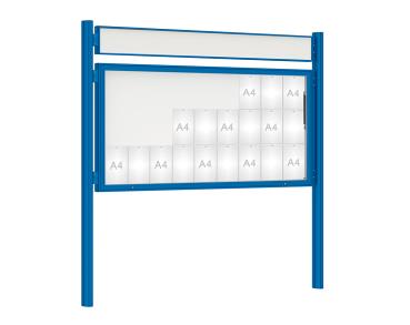 Schaukasten 1000 mit Quatro-Pfosten Farbe:RAL 5010|Abmessungen:27 A4 - B 2010 x H 1000 mm - Klapptür|Pfosten:Mittelpfosten zum Einbetonieren - Mit Titelleiste