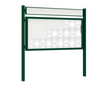 Schaukasten 1000 mit Quatro-Pfosten Farbe:RAL 6005|Abmessungen:27 A4 - B 2010 x H 1000 mm - Klapptür|Pfosten:Mittelpfosten zum Einbetonieren - Mit Titelleiste