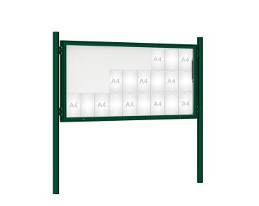 Schaukasten 1000 mit Pfosten Ø 76 mm Farbe:RAL 6005|Abmessungen:27 A4 - B 2010 x H 1000 mm - Klapptür|Pfosten:Pfosten-Set zum Einbetonieren - Ohne Titelleiste