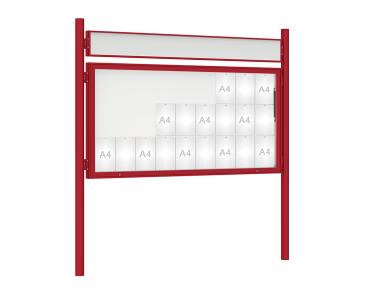 Schaukasten 1000 mit Pfosten Ø 76 mm Farbe:RAL 3004|Abmessungen:27 A4 - B 2010 x H 1000 mm - Klapptür|Pfosten:Pfosten-Set zum Einbetonieren - Mit Titelleiste