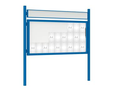 Schaukasten 1000 mit Pfosten Ø 76 mm Farbe:RAL 5010|Abmessungen:27 A4 - B 2010 x H 1000 mm - Klapptür|Pfosten:Pfosten-Set zum Einbetonieren - Mit Titelleiste