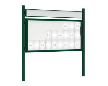 Schaukasten 1000 mit Pfosten Ø 76 mm Farbe:RAL 6005|Abmessungen:27 A4 - B 2010 x H 1000 mm - Klapptür|Pfosten:Pfosten-Set zum Einbetonieren - Mit Titelleiste