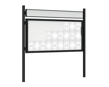 Schaukasten 1000 mit Pfosten Ø 76 mm Farbe:RAL 9005|Abmessungen:27 A4 - B 2010 x H 1000 mm - Klapptür|Pfosten:Pfosten-Set zum Einbetonieren - Mit Titelleiste