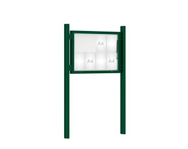 Schaukasten 1000 mit Quatro-Pfosten Farbe:RAL 6005|Abmessungen:8 A4 - B 1000 x H 750 mm - Klapptür|Pfosten:Pfosten-Set zum Einbetonieren - Ohne Titelleiste
