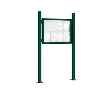 Schaukasten 1000 mit Quatro-Pfosten Farbe:RAL 6005|Abmessungen:8 A4 - B 1000 x H 750 mm - Klapptür|Pfosten:Pfosten-Set auf Bodenplatten - Ohne Titelleiste