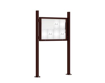 Schaukasten 1000 mit Quatro-Pfosten Farbe:RAL 8017|Abmessungen:8 A4 - B 1000 x H 750 mm - Klapptür|Pfosten:Pfosten-Set auf Bodenplatten - Ohne Titelleiste